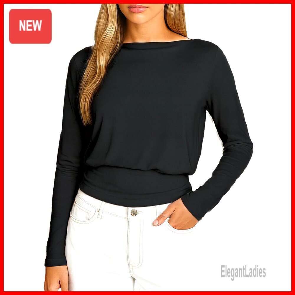 Long Sleeve Crewneck T-Shirt, Modal Blend, Loose Fit, Ruched Waist, All Seasons